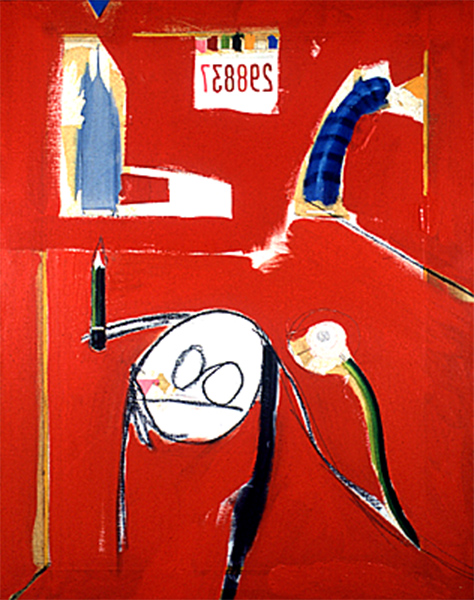 Pokrak przejmuje inicjatywę&nbsp;&nbsp;&nbsp;&nbsp;1987&nbsp;&nbsp;&nbsp;&nbsp;olej + taśma&nbsp;&nbsp;&nbsp;&nbsp;75 x 60cm